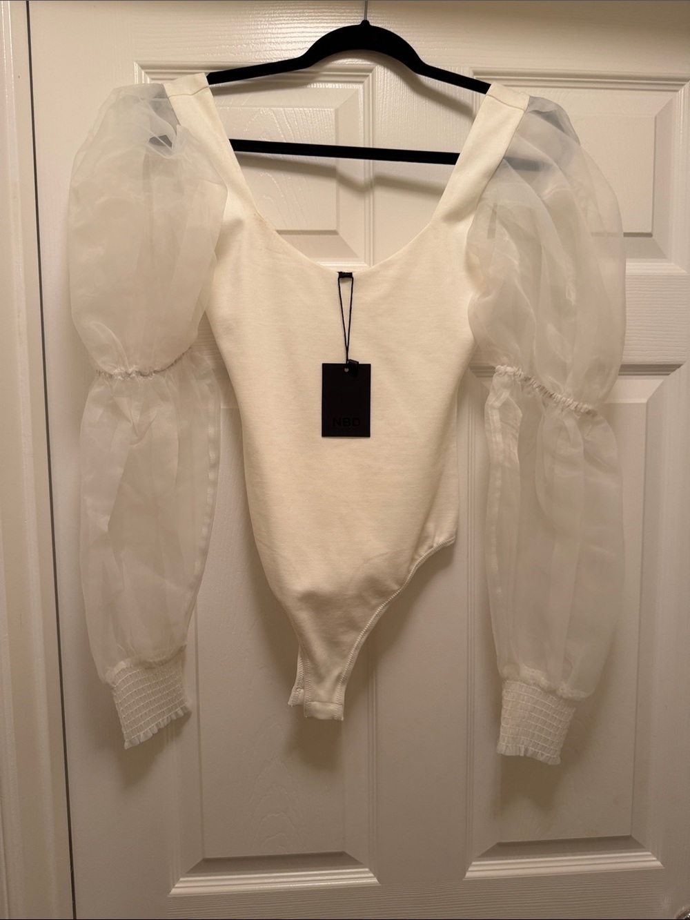 NWT NBD Ivory Sheer Puff Sleeve Bodysuit xs